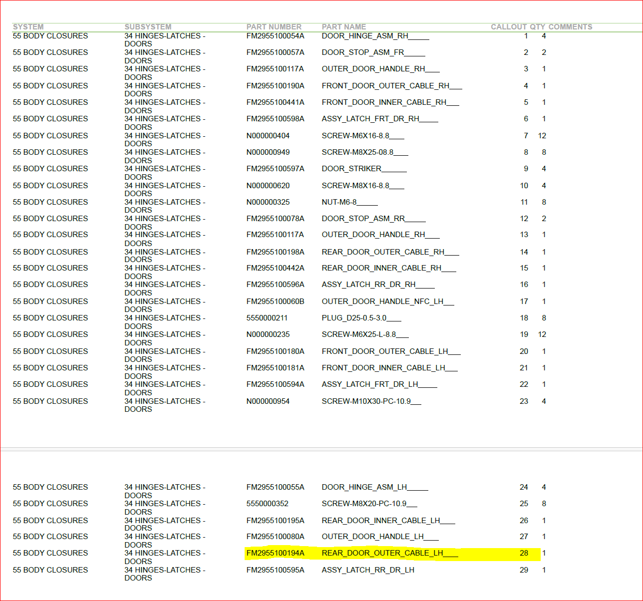 REAR DOOR OUTER CABLE LH FM2955100194A